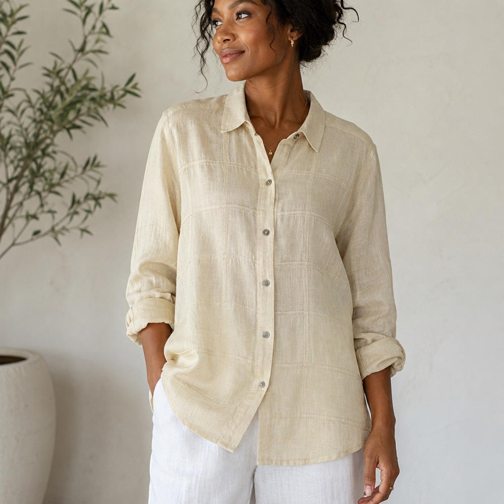 J. Jill Love Linen Button Down Women XL Yellow Relaxed Pintuck Long Sleeve Tunic